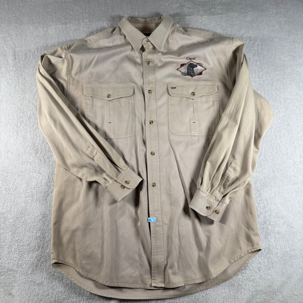 Orvis Button Down Shirt Mens XL Tan Long Sleeve Embroidered Black Lab Cotton